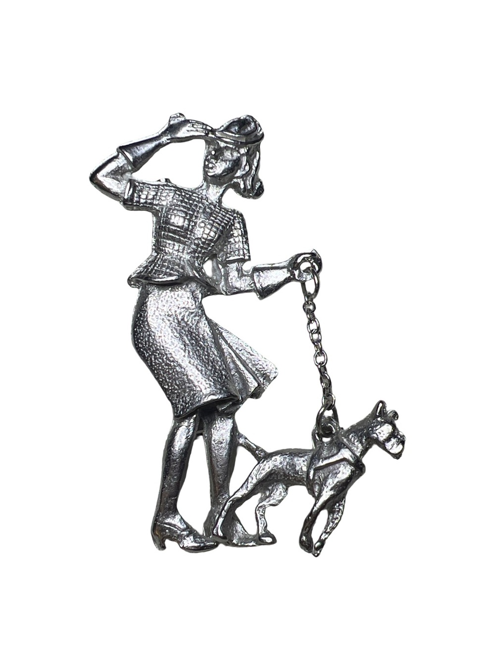 Vintage Art Deco Lady Walking Dog Silver Tone Brooch Pin Badge Boxer Terrier